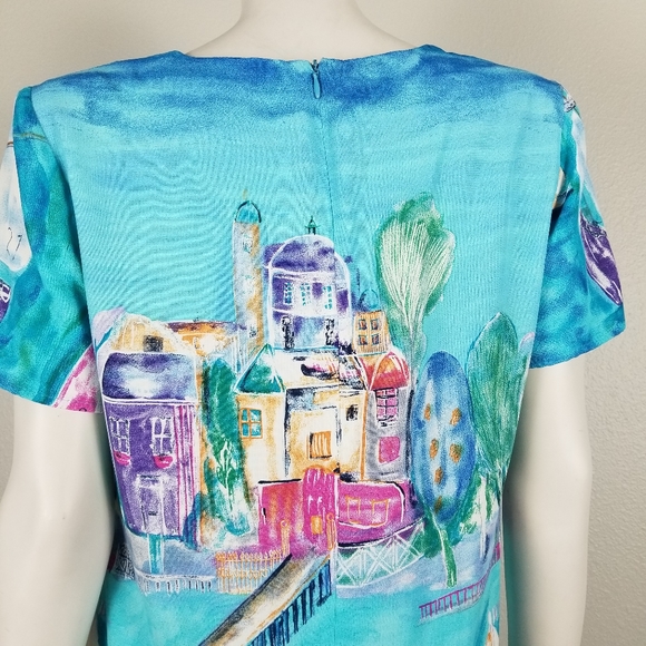 Vintage Blue Ocean Pier Scene Nautical Painted Look Shift Dress Size 6 - Picture 5 of 7